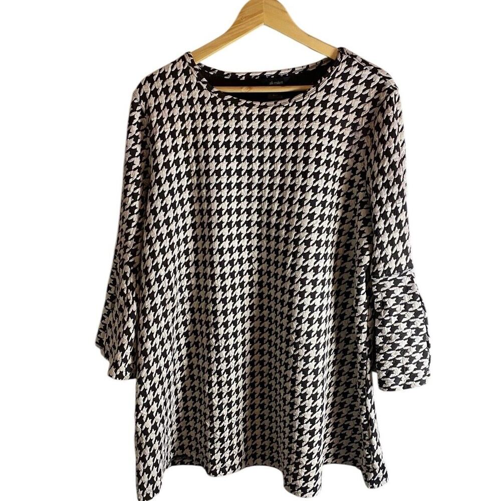 Ali Miles Black White Houndstooth Art to Wear Bell Sleeve Blouse Size XL